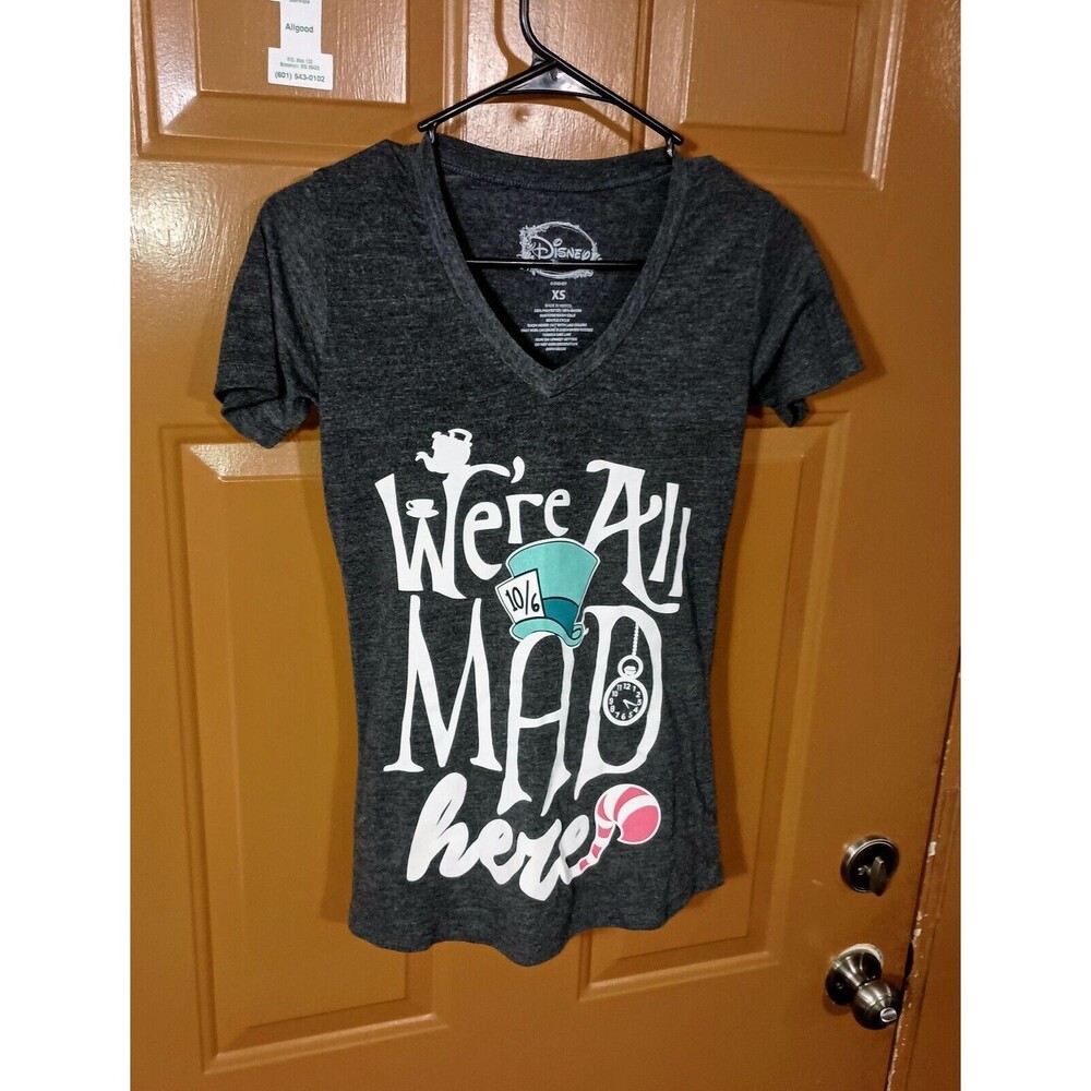 Disney Alice in Wonderland X-Small XS Black “We're All Mad Here” V-neck T-shirt - Picture 10 of 12